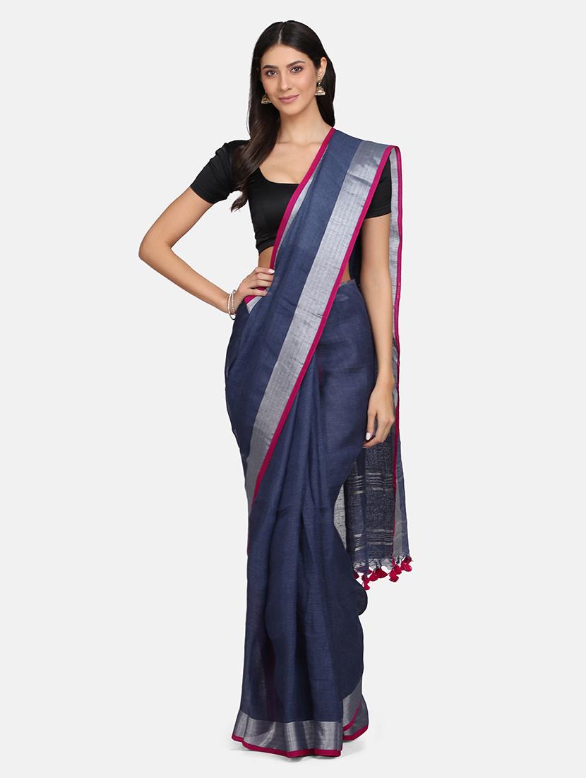 solid bordered saree with blouse - 17902946 - Zoom Image - 0