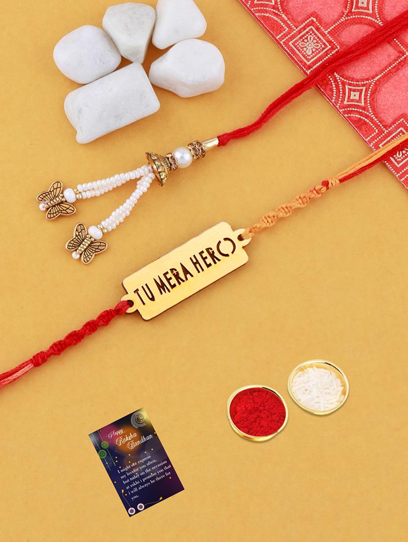 set of 2 rakhi with roli chawal and greeting card - 17909863 - Zoom Image - 0