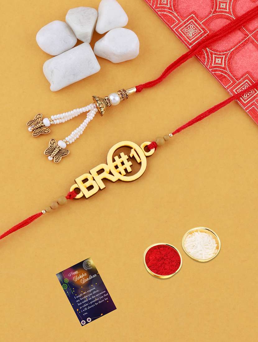 set of 2 thread  rakhi with roli chawal and greeting card  - 17909865 -  Zoom Image - 0