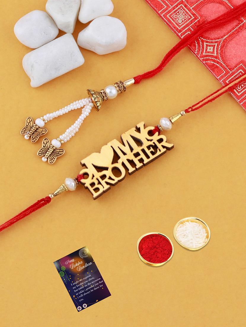 set of 2 thread rakhi with roli chawal and greeting card - 17909875 - Zoom Image - 0