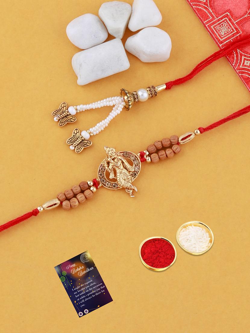 set of 2 thread rakhi with roli chawal and greeting card - 17909886 - Zoom Image - 0