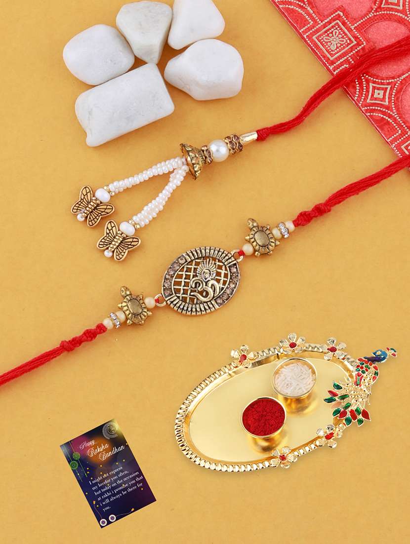 set of 2 rakhi with roli chawal kankawati thali and greeting card  - 17909900 -  Zoom Image - 0