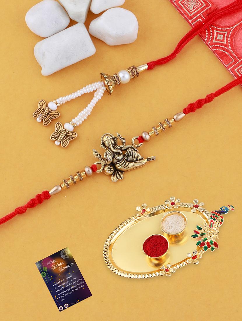 set of 2 rakhi with roli chawal kankawati thali and greeting card - 17909904 - Zoom Image - 0