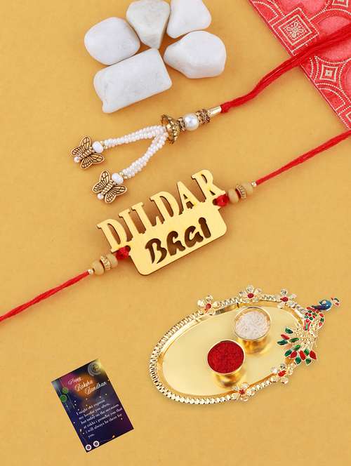 set of 2 rakhi with roli chawal kankawati thali and greeting card - 17909909 - Standard Image - 0