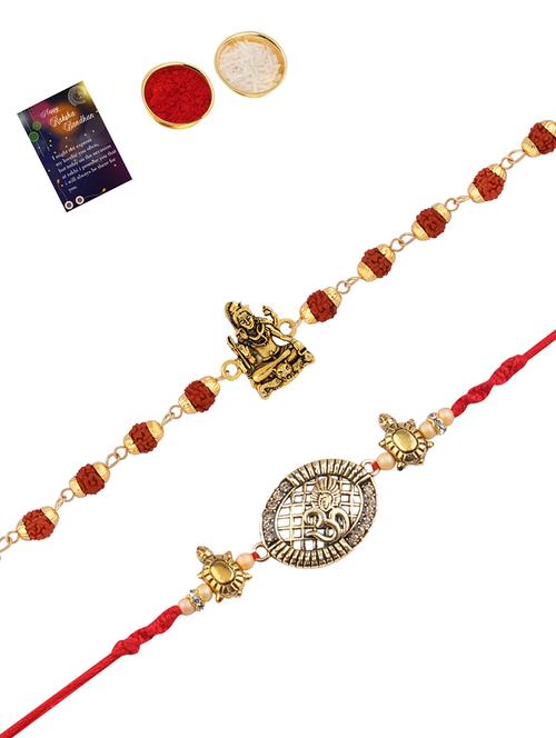 set of 2 gold plated thread rakhi with roli chawal and greeting card - 17910068 - Standard Image - 0