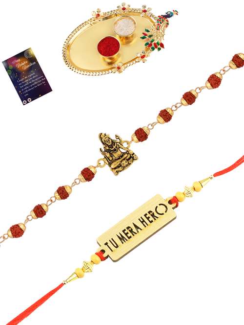 pack of 2 rakhi with roli chawal pooja thali & greeting card - 17910110 - Standard Image - 0