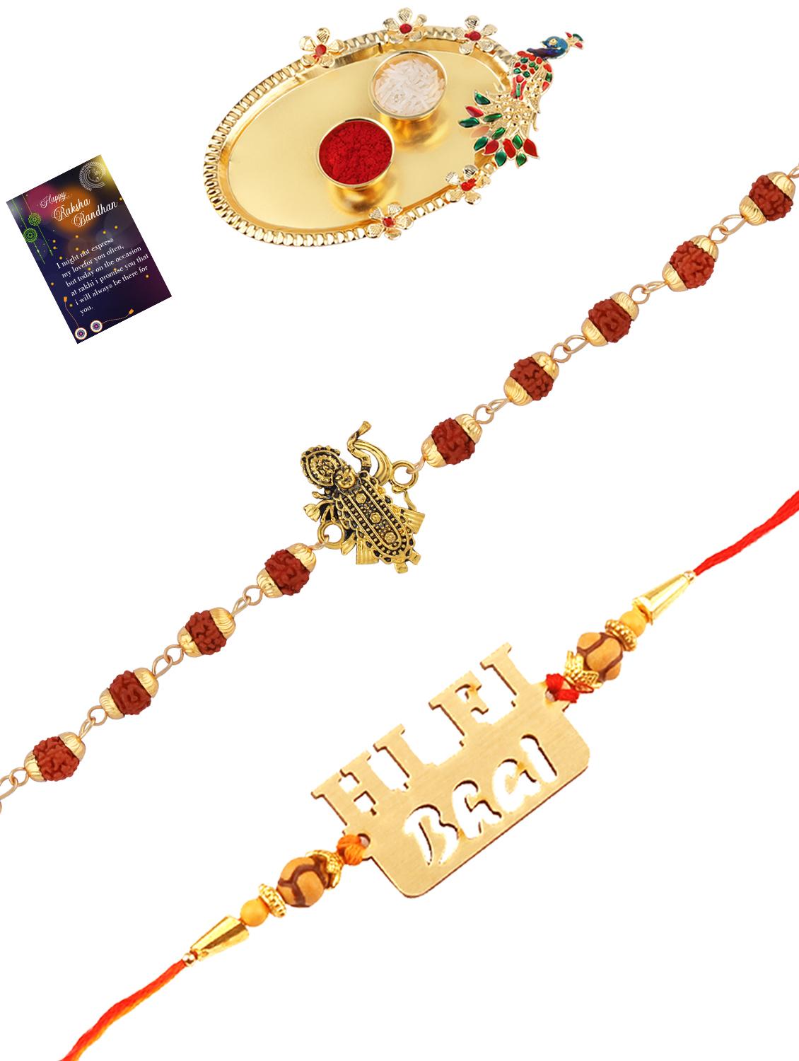 pack of 2 rakhi set with roli chawal, greeting card and kankawati pooja thali