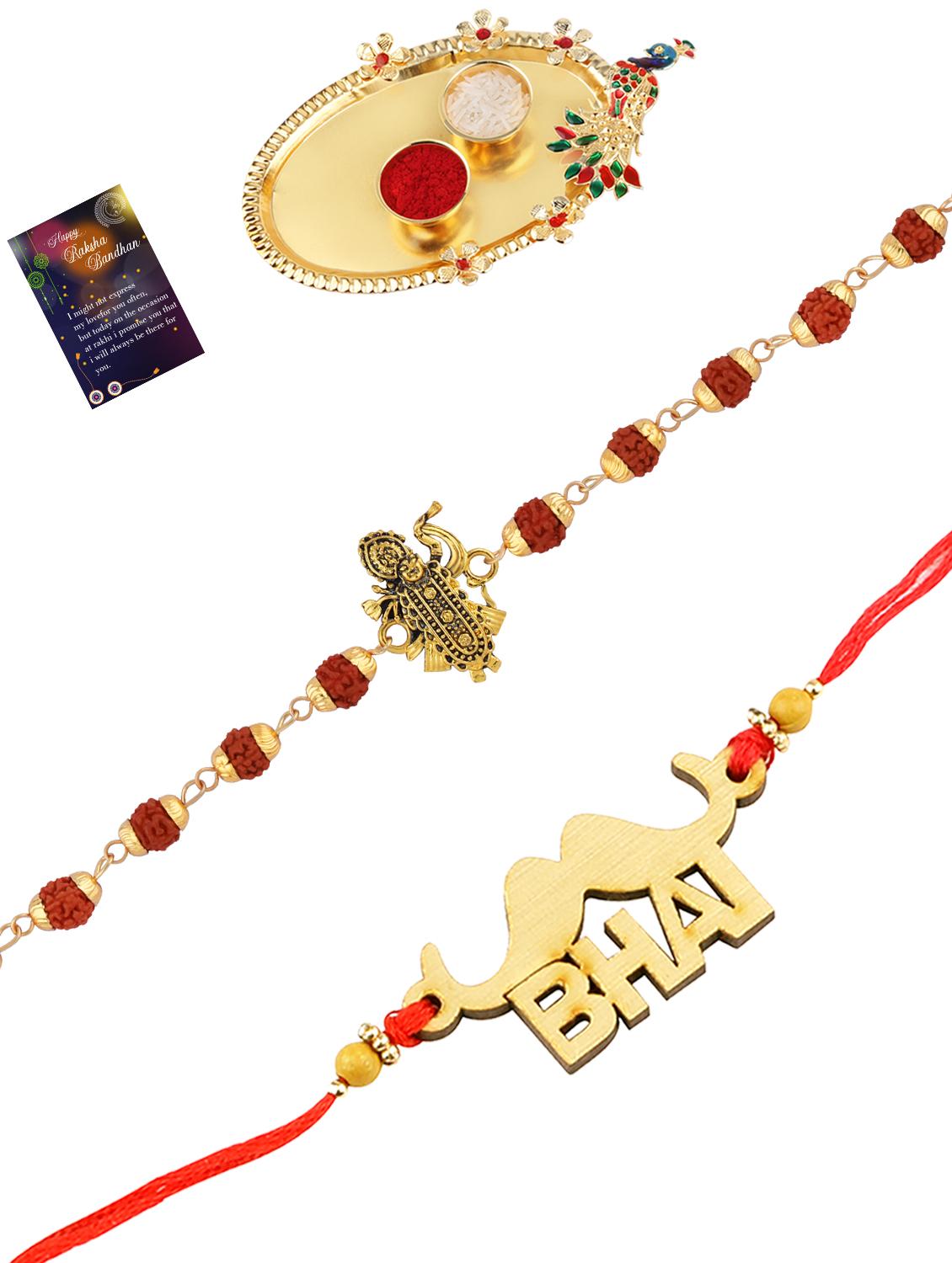 pack of 2 rakhi set with roli chawal, greeting card and kankawati pooja thali - 17910130 - Zoom Image - 0