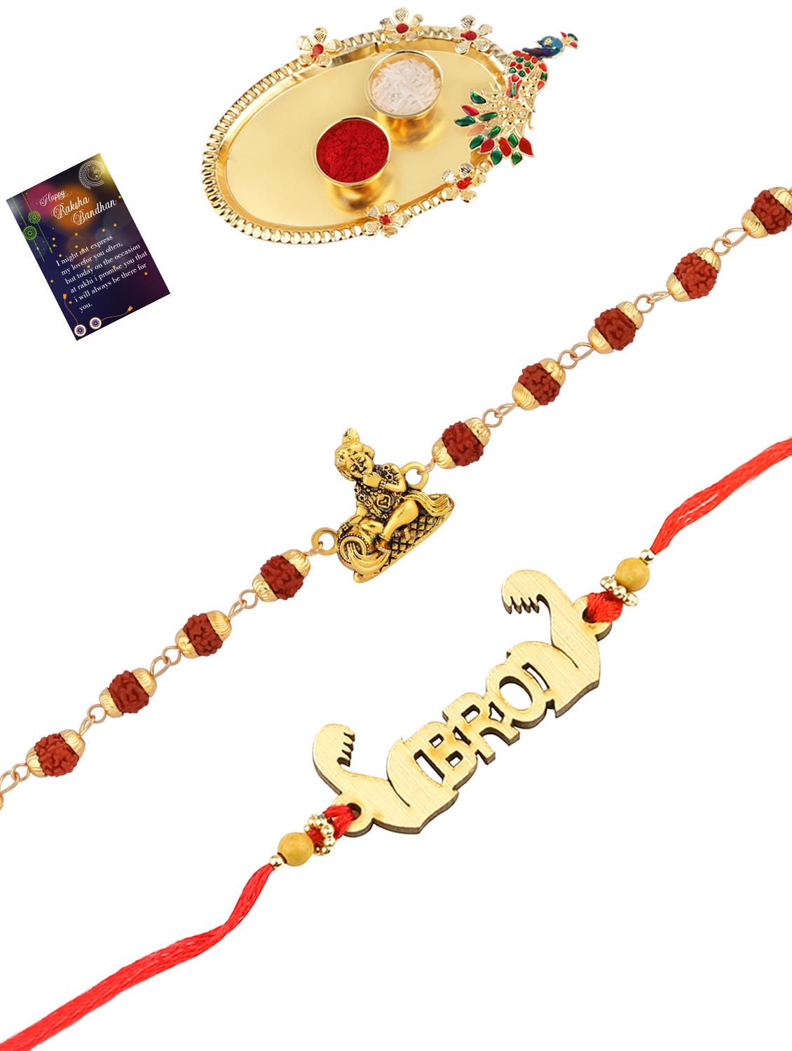 pack of 2 rakhi set with roli chawal, greeting card and kankawati pooja thali - 17910152 - Zoom Image - 0