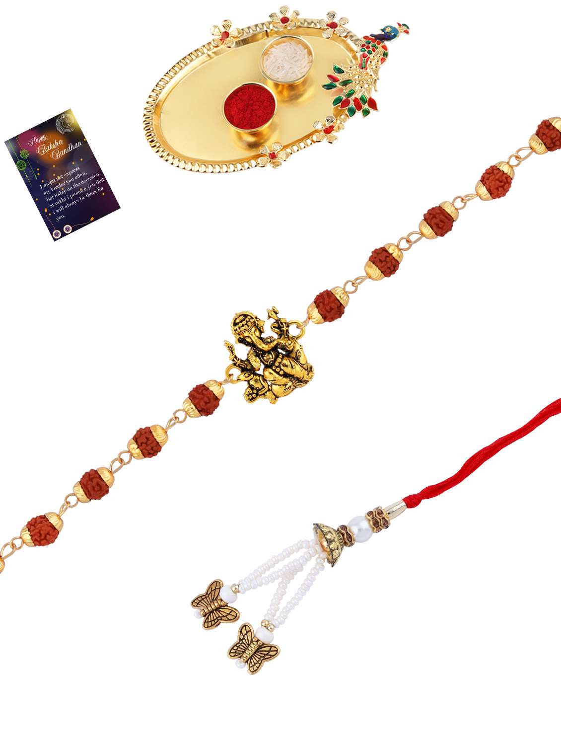 pack of 2 rakhi set with roli chawal, greeting card and kankawati pooja thali - 17910187 - Zoom Image - 0