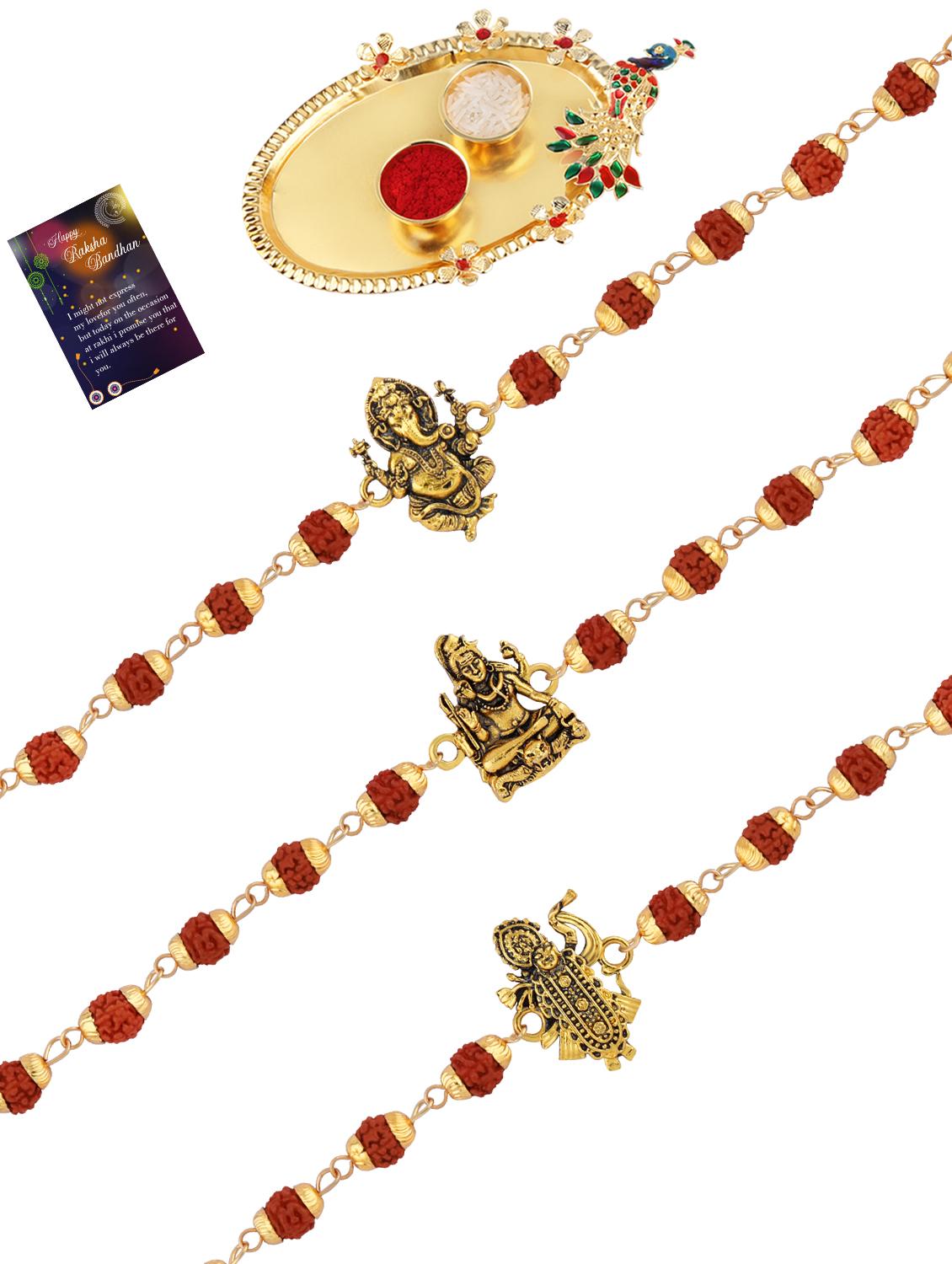 pack of 3 rudraksh rakhi set with roli chawal, greeting card and kankawati pooja thali