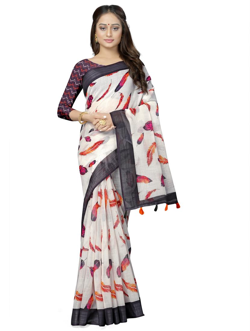 off-white printed woven saree - 17910413 -  Zoom Image - 0