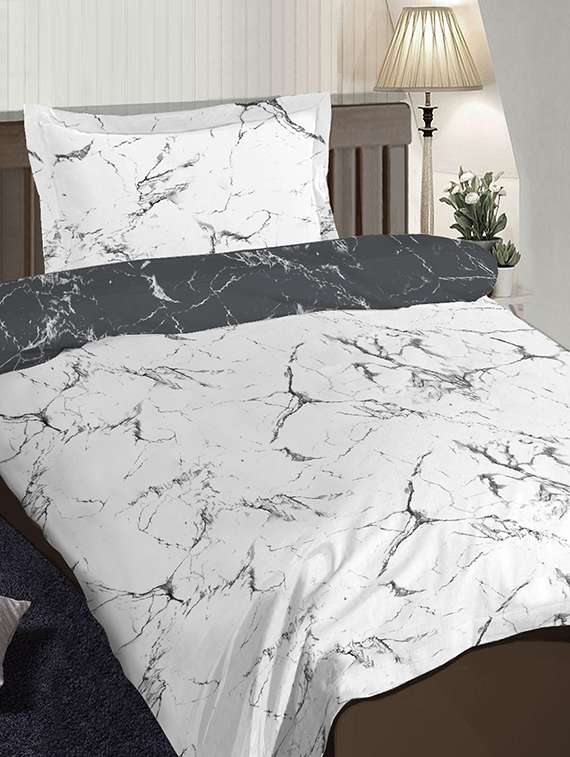 pizuna linen marmor white black 100% cotton satin dohar set single size bed sheet with 1 pillow cover (54" x 90" inches) - 17910752 -  Zoom Image - 0