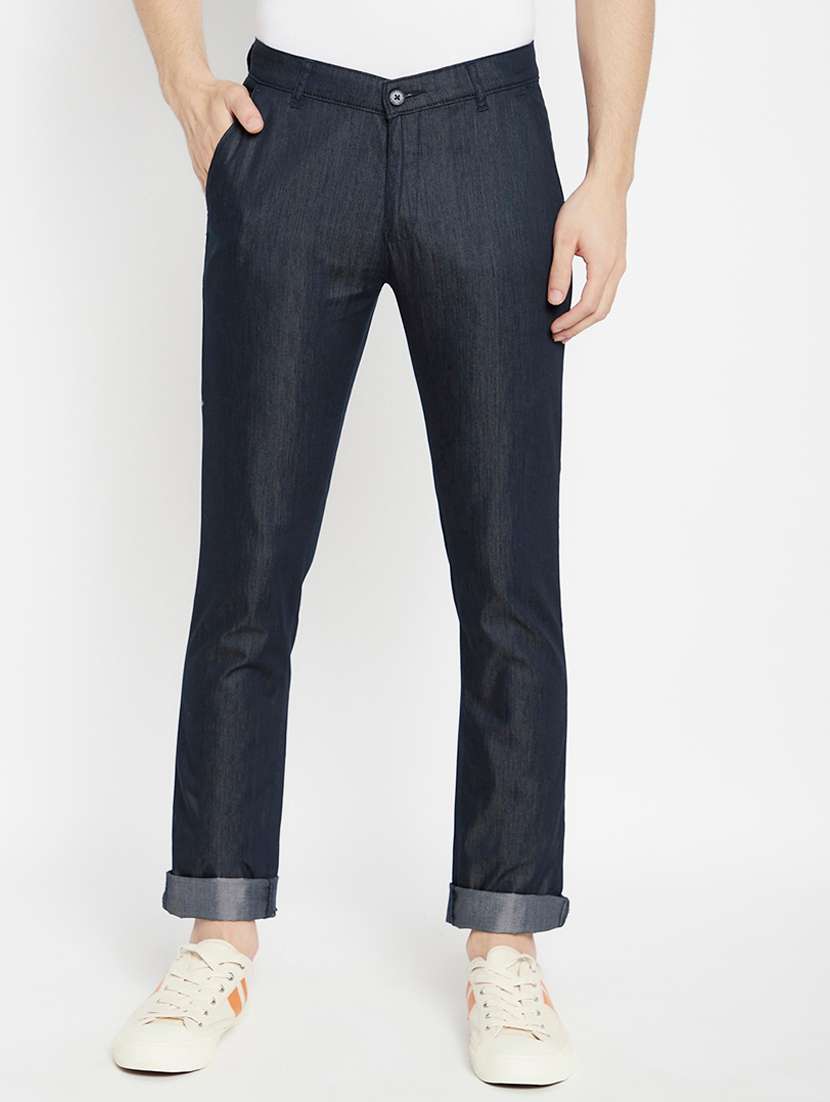 blue textured flat front casual trouser