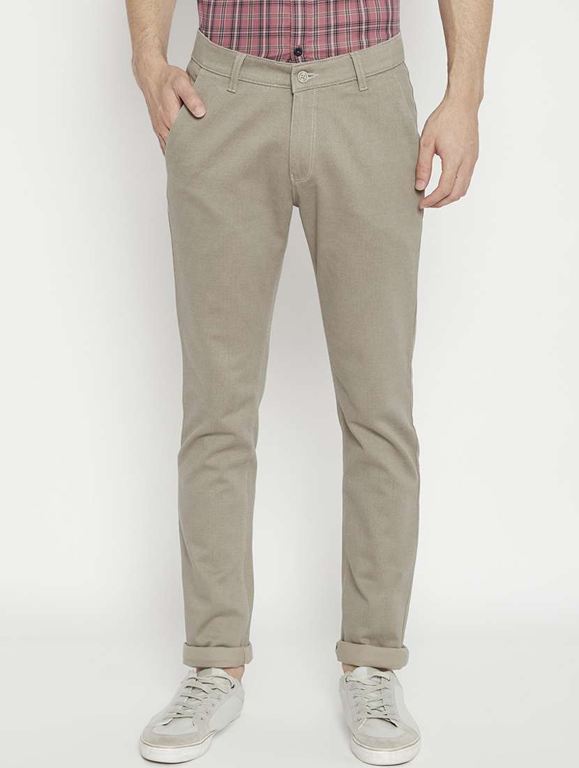 brown textured flat front casual trouser