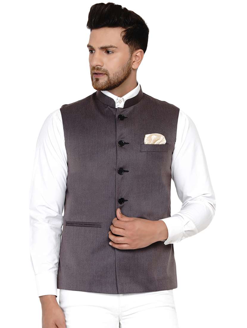 grey solid nehru jacket - 17911737 -  Zoom Image - 0