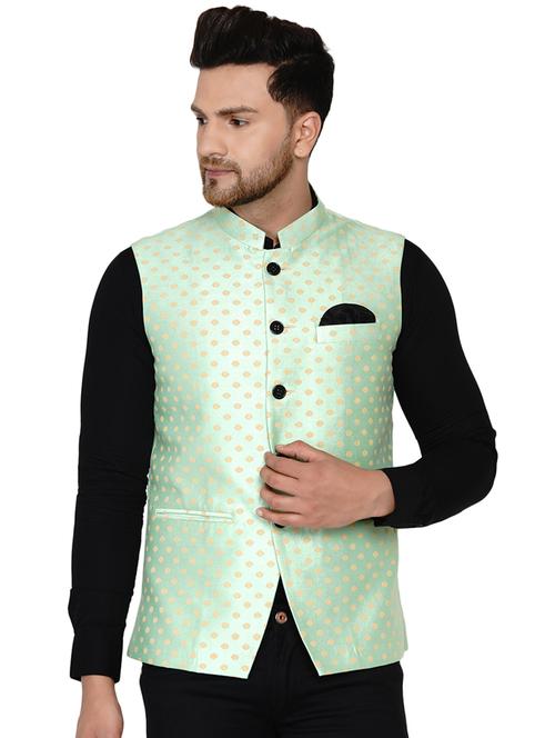 green printed silk nehru jacket - 17911754 - Standard Image - 0