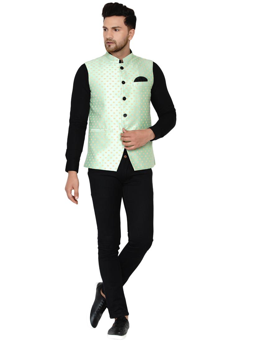 green printed silk nehru jacket - 17911754 - Standard Image - 3