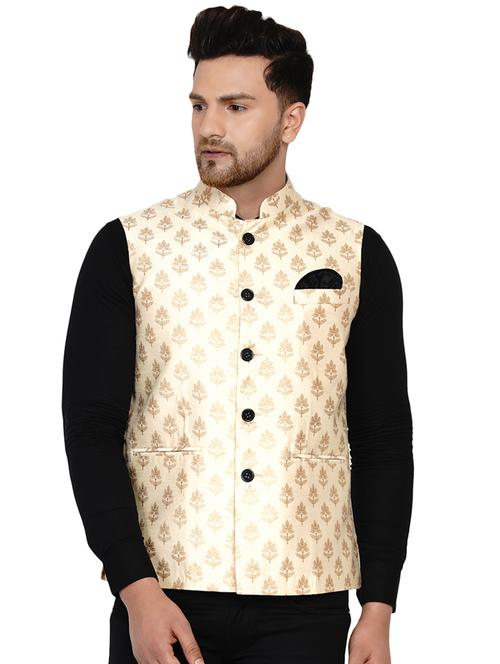 off white printed silk nehru jacket - 17911759 - Standard Image - 0