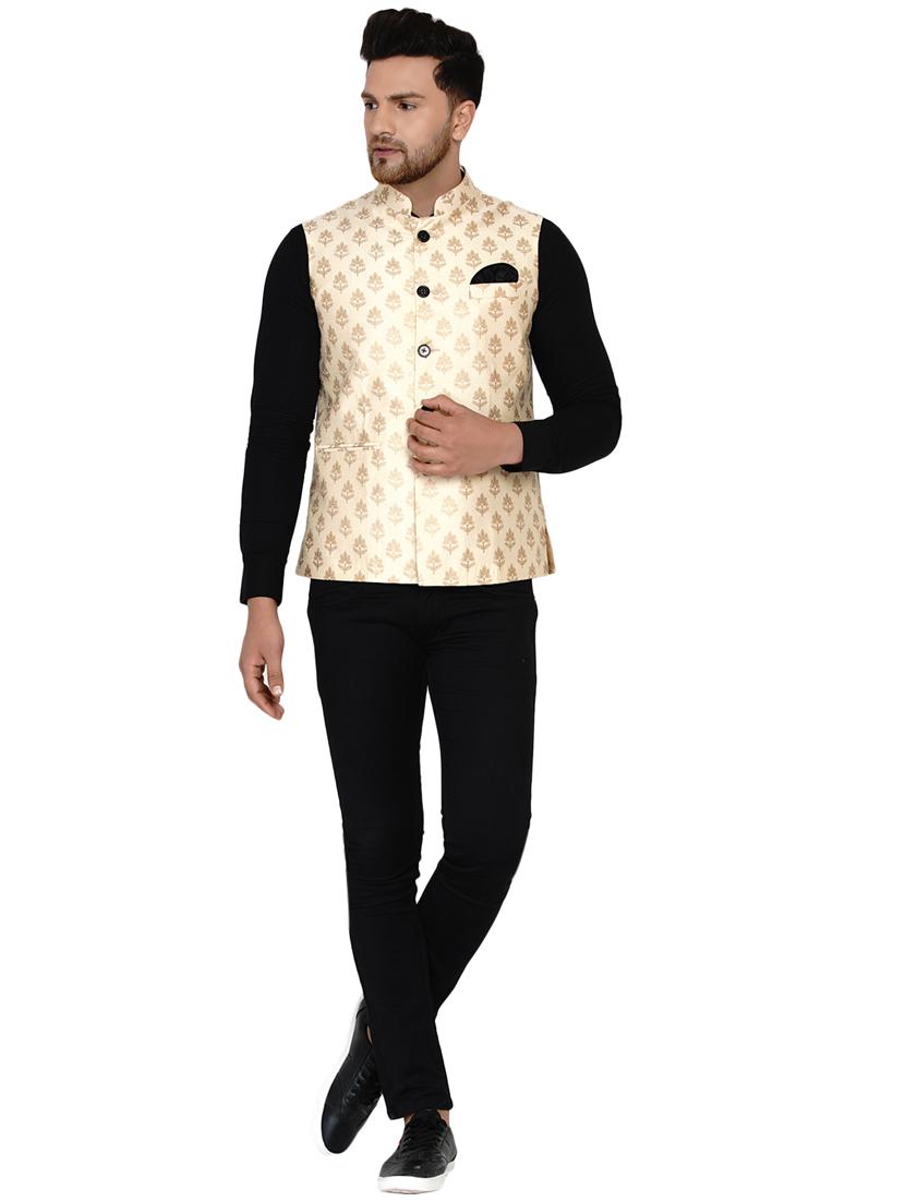 off white printed silk nehru jacket - 17911759 - Standard Image - 3