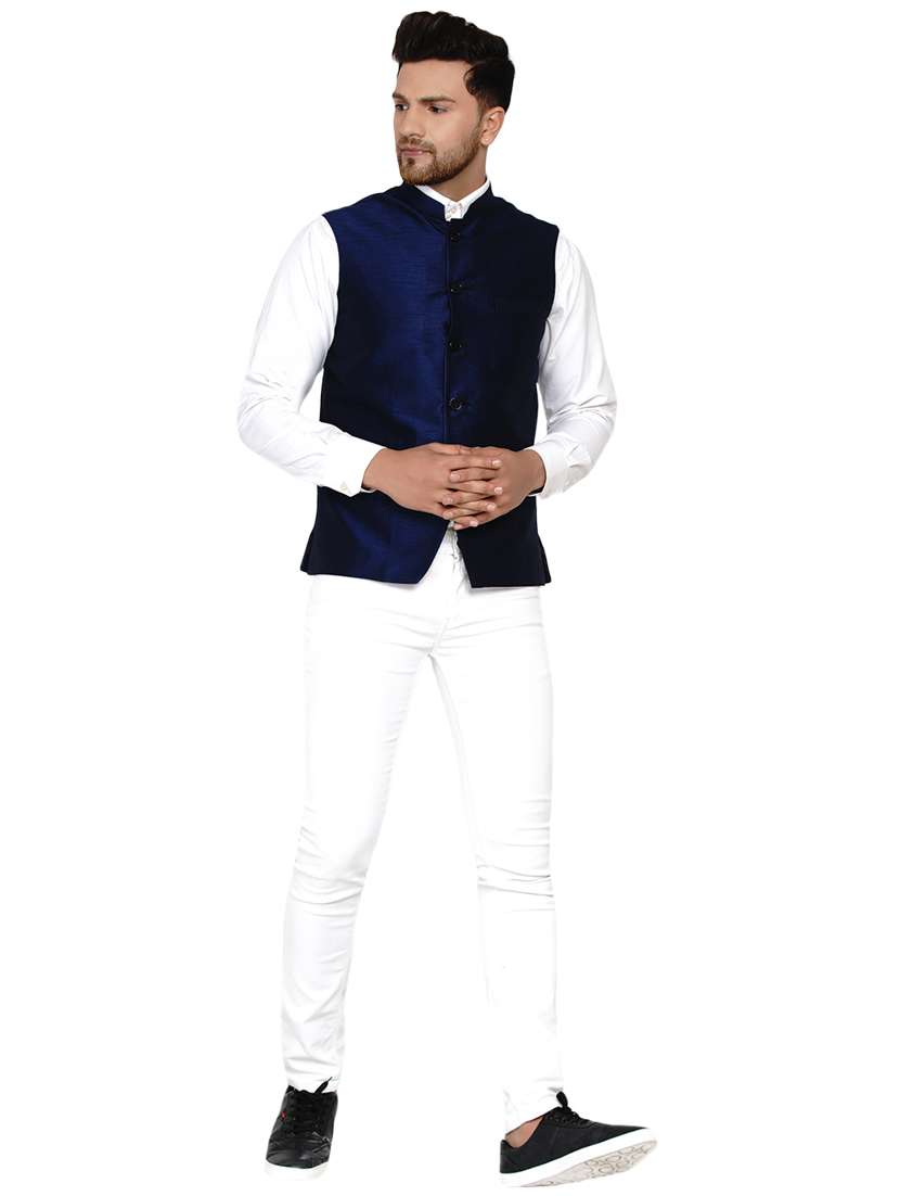 navy blue solid silk nehru jacket - 17911762 -  Standard Image - 3