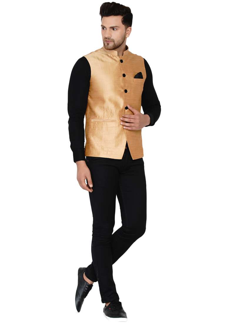 brown solid silk nehru jacket - 17911768 -  Standard Image - 3
