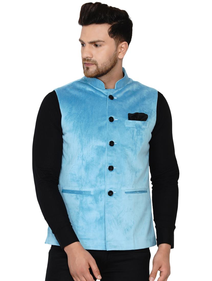 blue solid nehru jacket - 17911776 -  Zoom Image - 0
