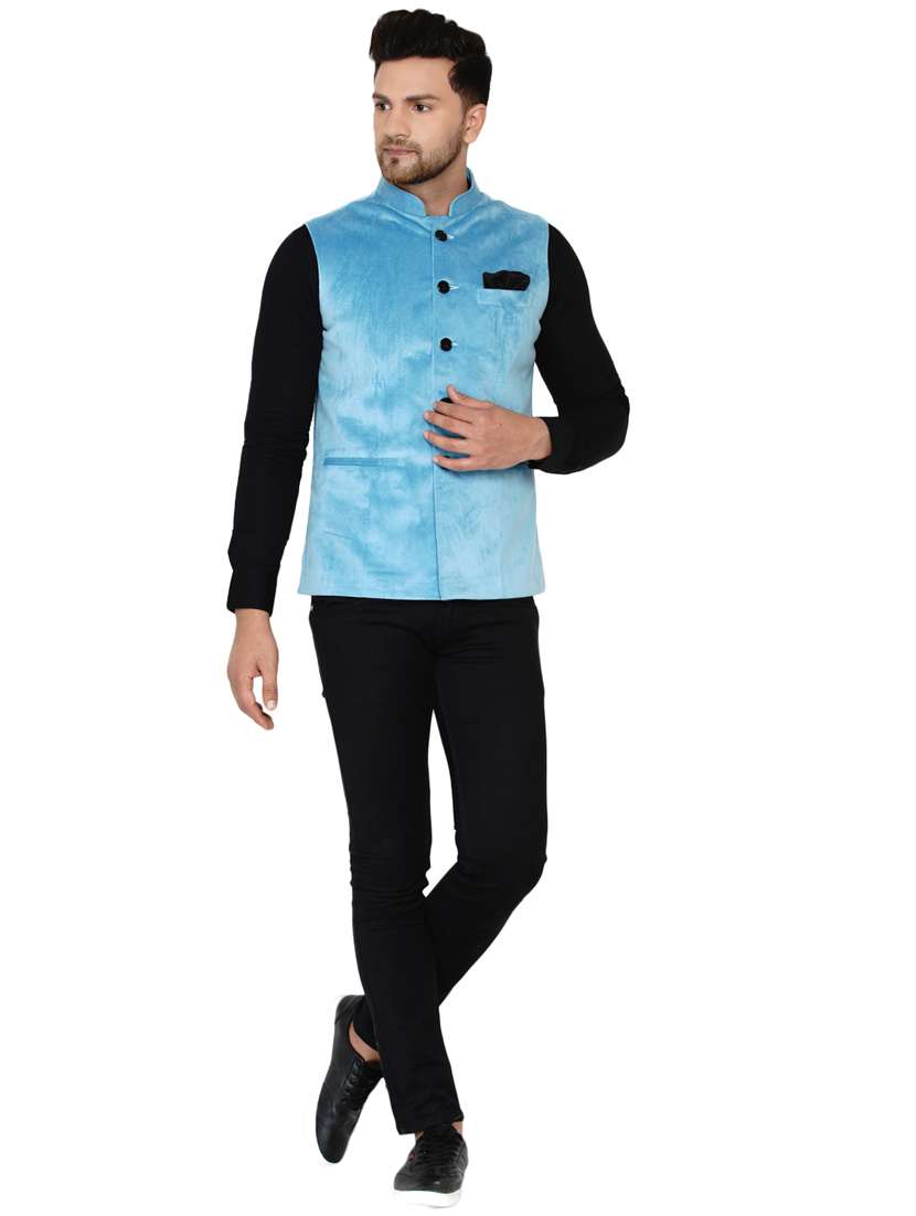 blue solid nehru jacket - 17911776 -  Standard Image - 3