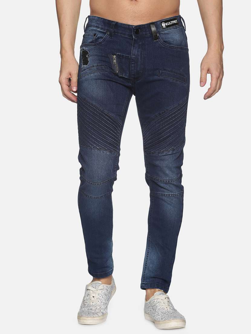 dark blue light washed ripped biker denim jean