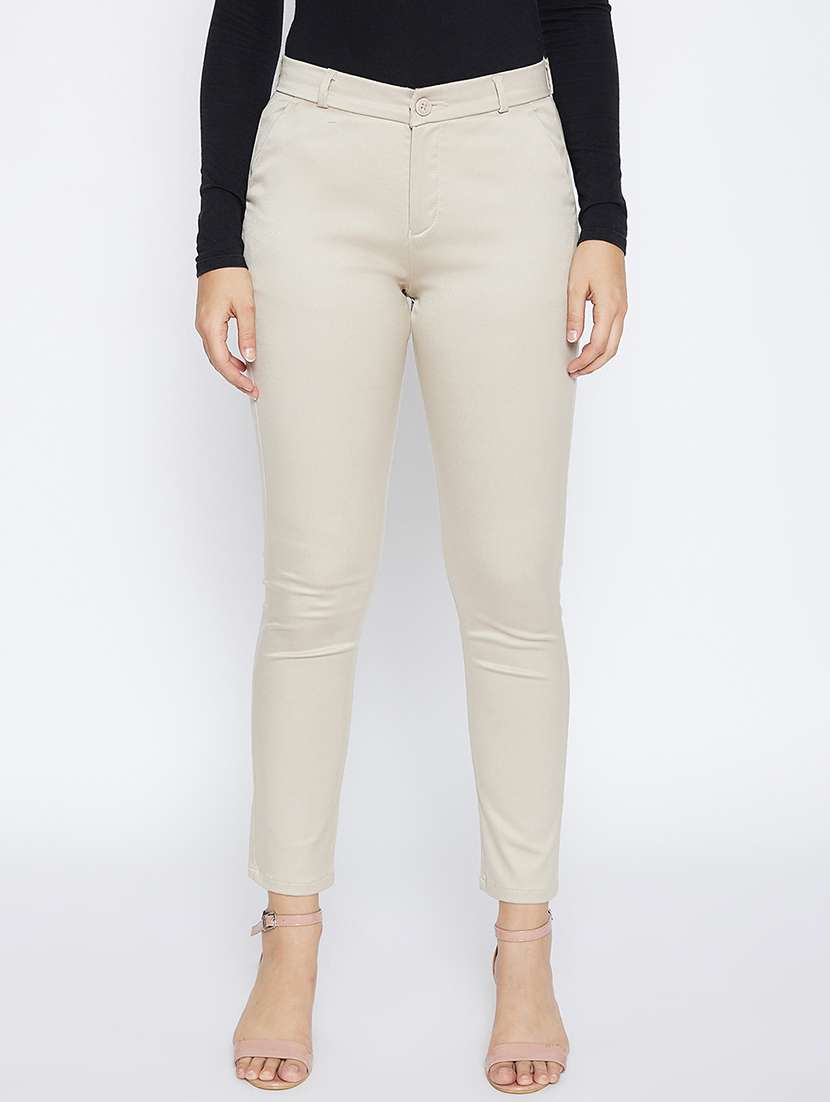 beige solid mid rise chinos trouser