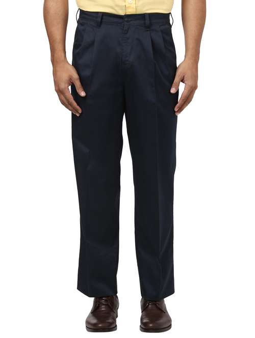 navy blue solid pleated casual trouser - 17916854 -  Standard Image - 0
