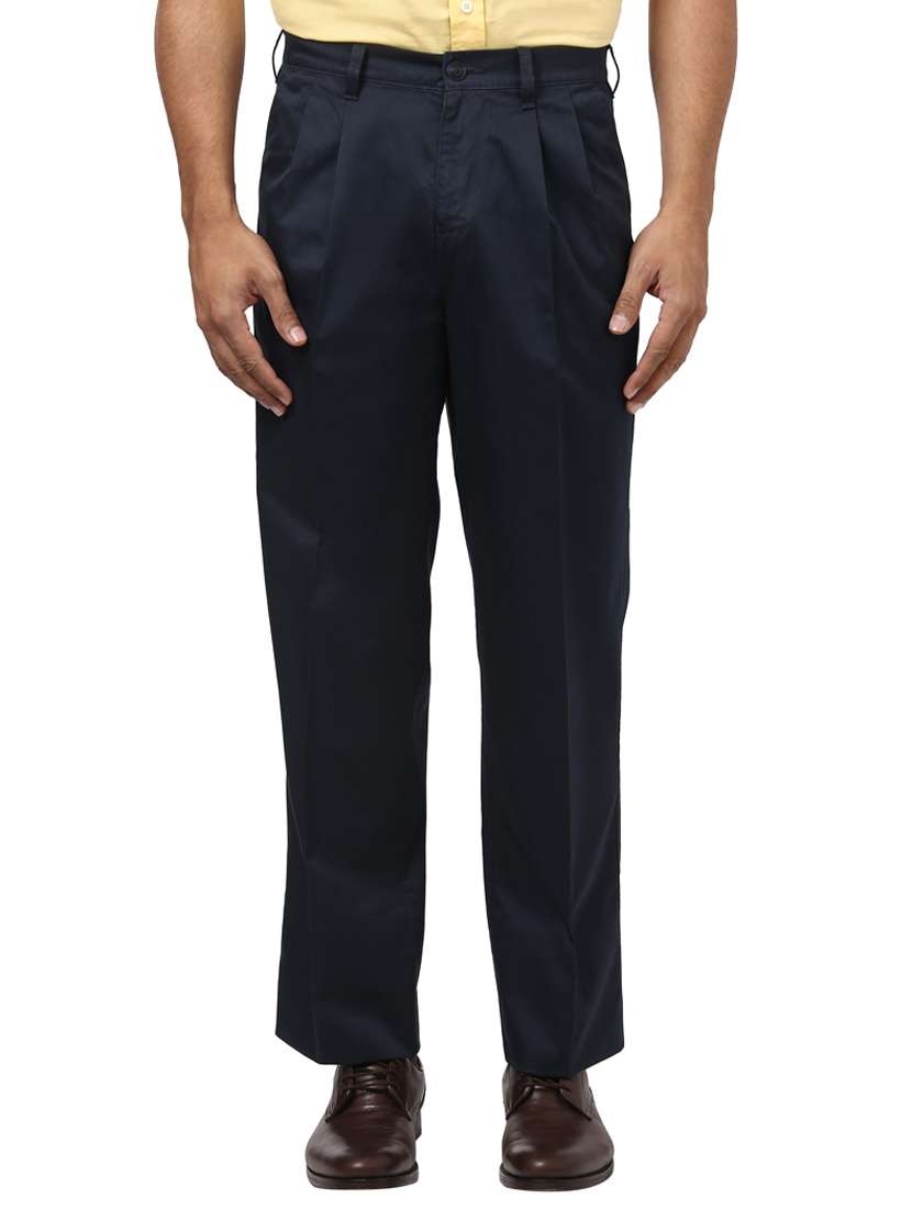 navy blue solid pleated casual trouser - 17916854 -  Zoom Image - 0