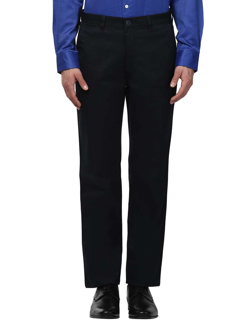 navy blue solid flat front casual trouser - 17916875 -  Zoom Image - 0