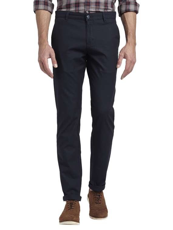 navy blue textured flat front casual trouser - 17916926 - Zoom Image - 0