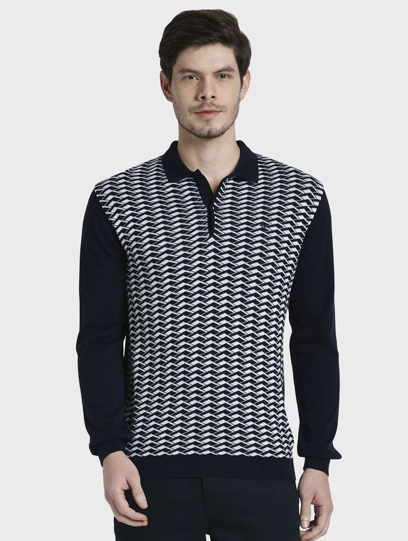 navy blue self design polo t-shirt - 17917249 - Zoom Image - 0