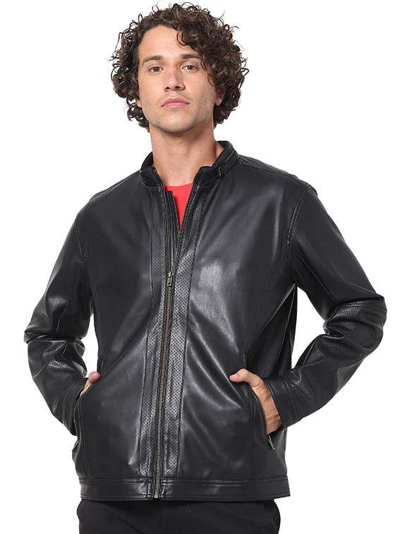 Celio Black Leather Jacket Celio Men Black Solid Biker Jacket