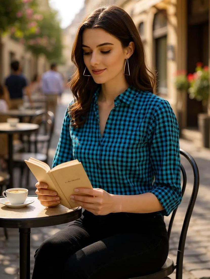 mandarin neck checkered shirt top