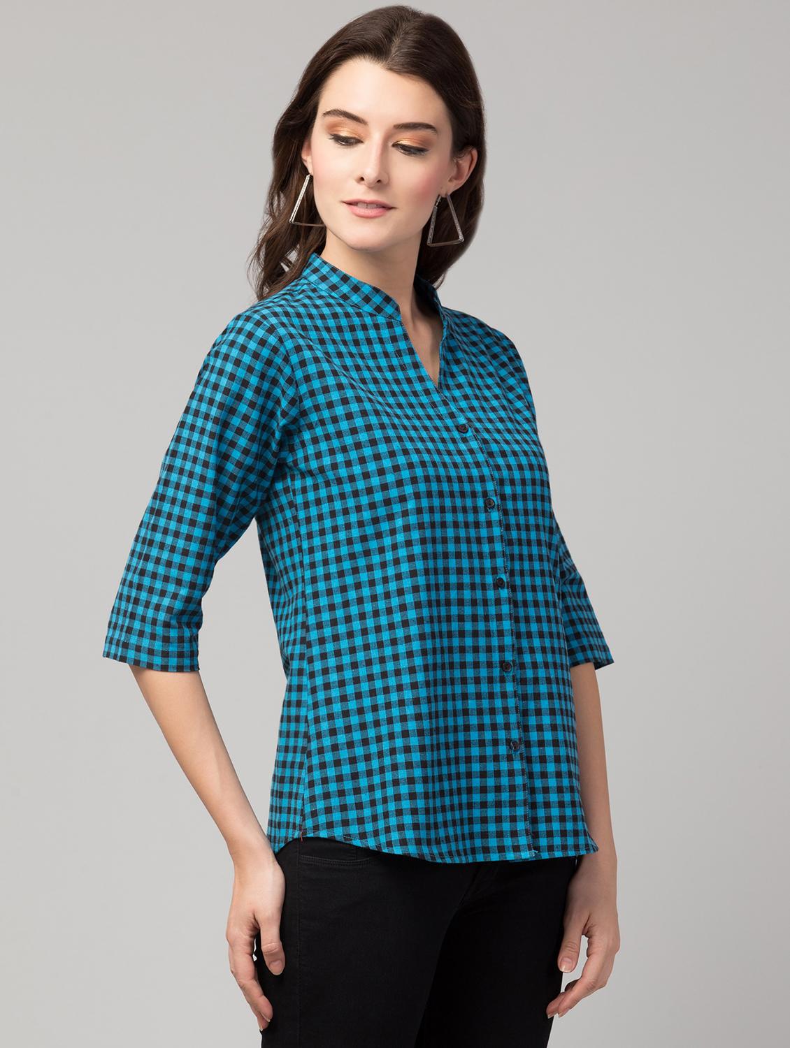 mandarin neck checkered shirt top - 17928805 - Standard Image - 3