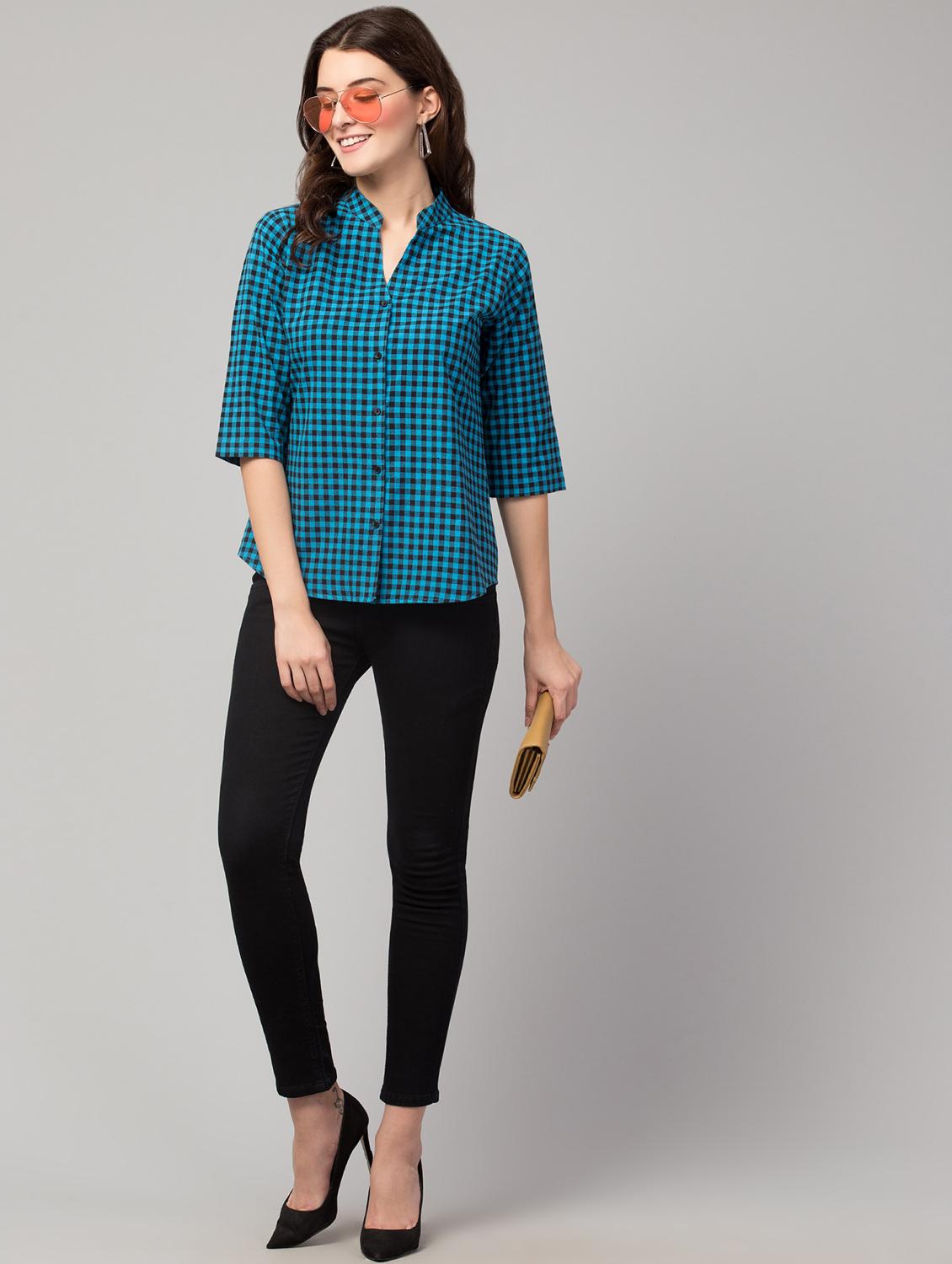 mandarin neck checkered shirt top - 17928805 - Standard Image - 5
