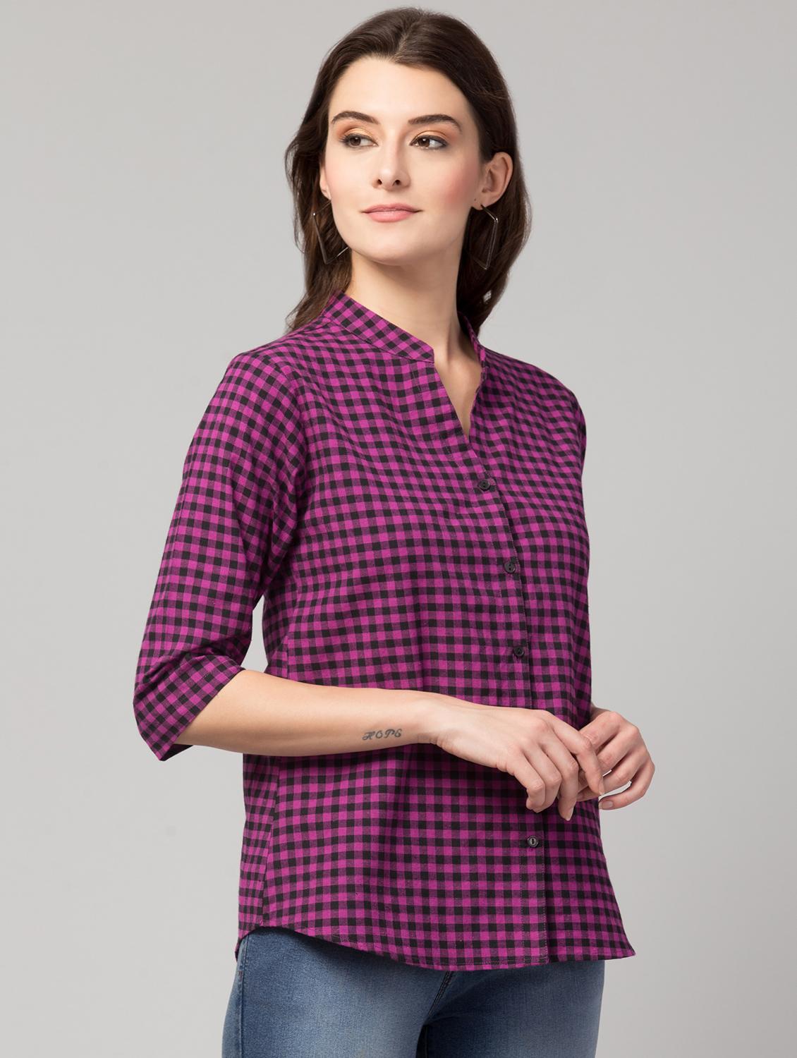 mandarin neck checkered shirt top - 17928807 - Standard Image - 3