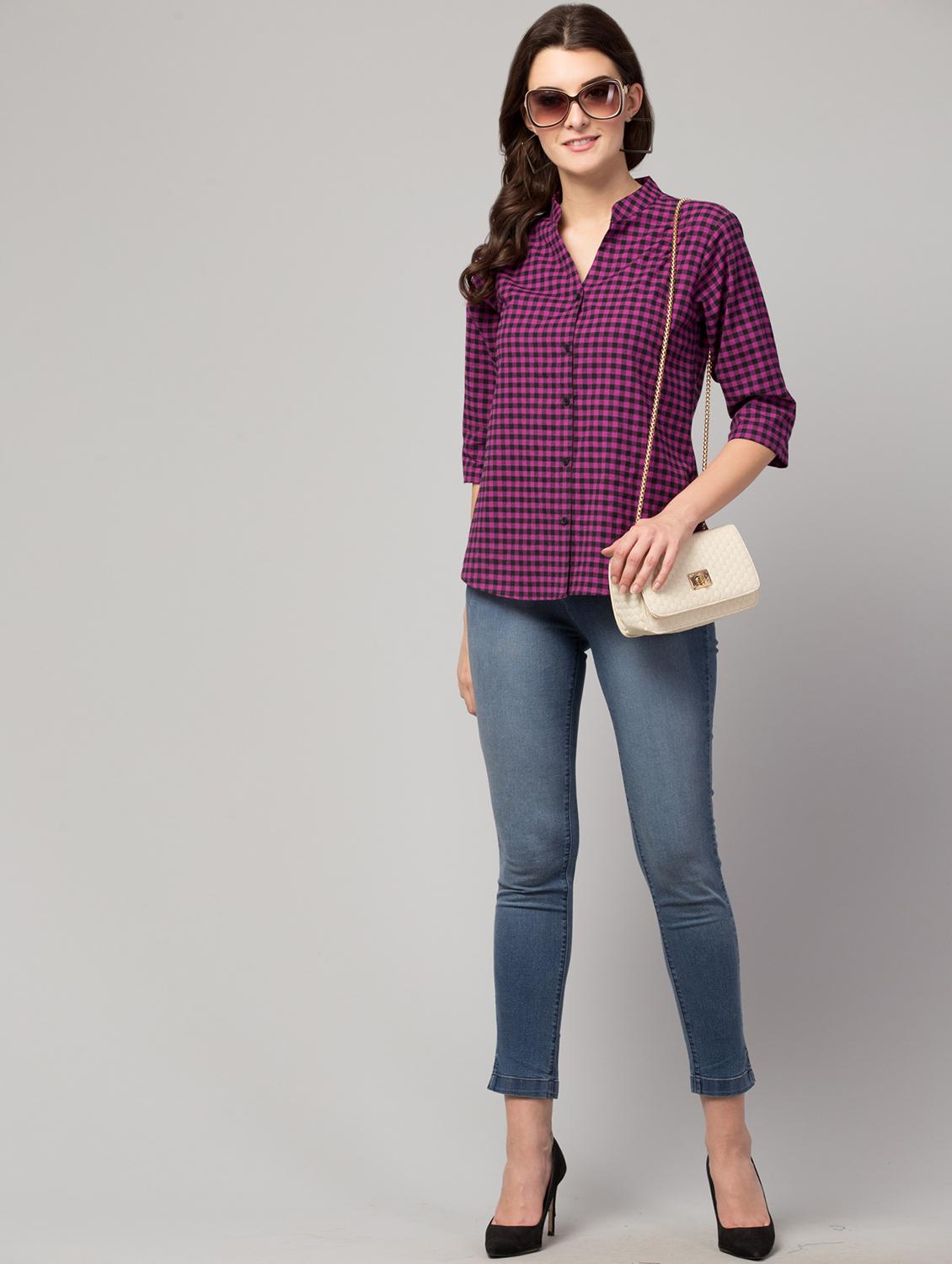 mandarin neck checkered shirt top - 17928807 - Standard Image - 5