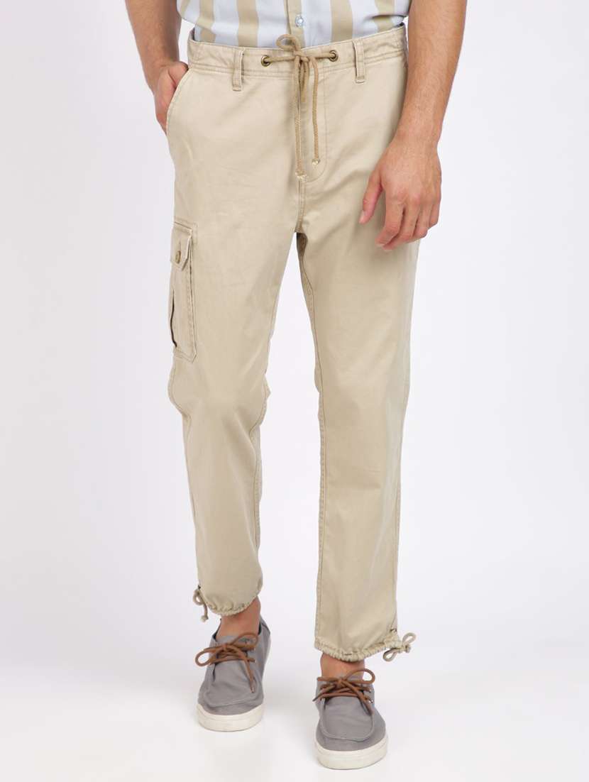 Buy online Beige Solid Cargo Casual Trouser from Bottom Wear for