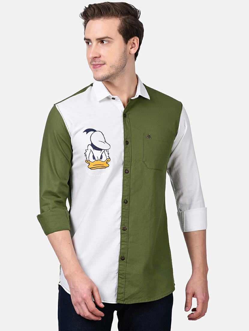 olive green color block casual shirt - 17930542 -  Zoom Image - 0