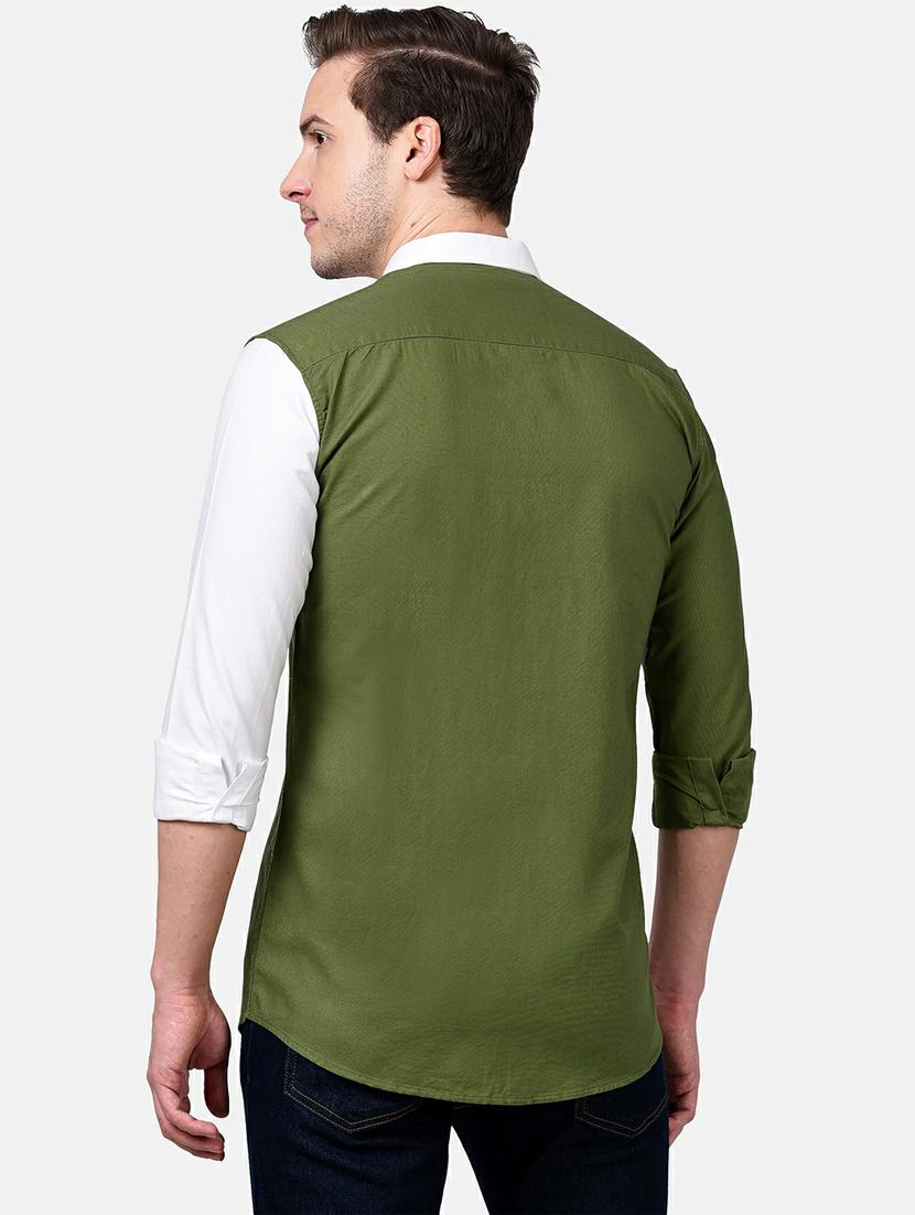 olive green color block casual shirt - 17930542 - Standard Image - 3