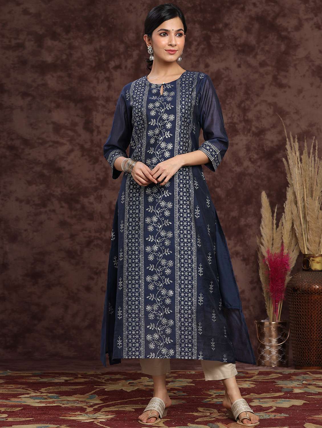 indigo chanderi straight kurta