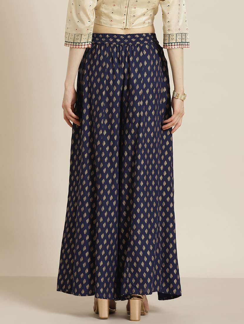 Women Mid Rise Foil Printed Flared Palazzo