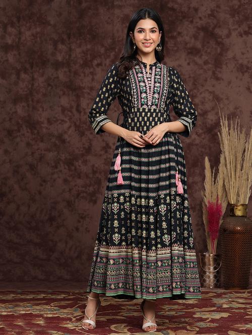 dark blue printed flared ethnic dress - 17948327 -  Standard Image - 0