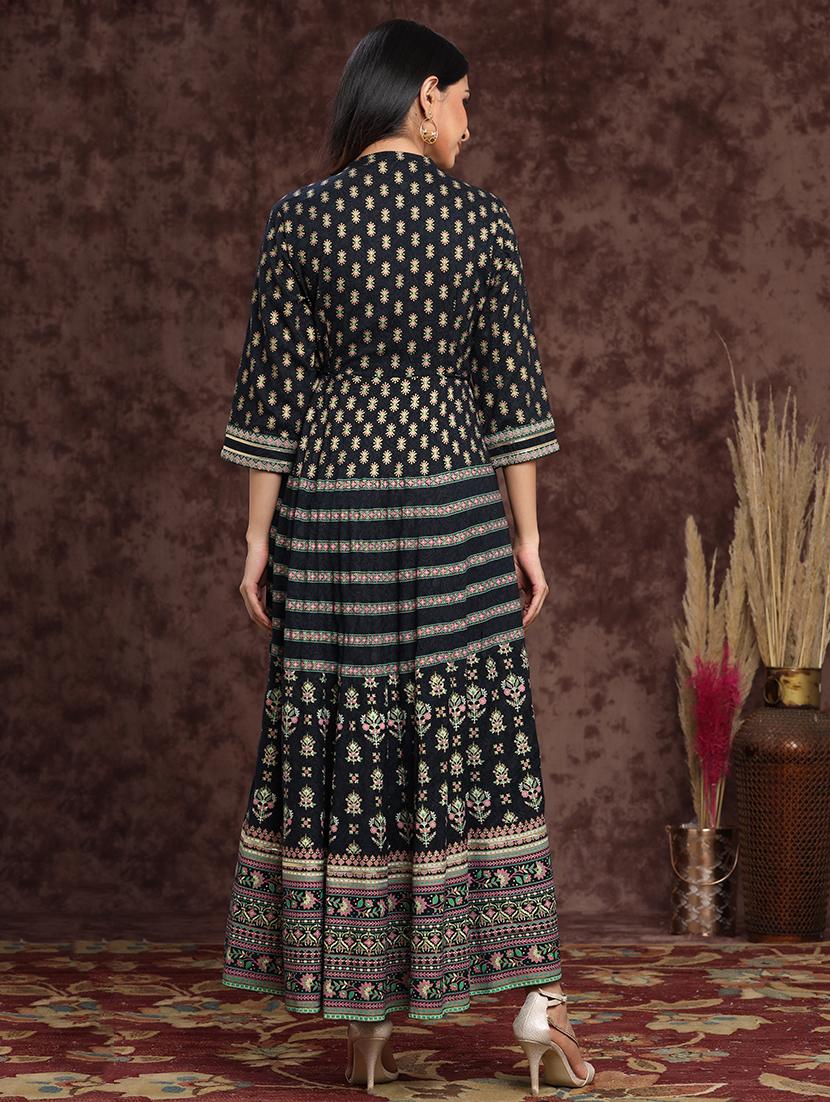 dark blue printed flared ethnic dress - 17948327 - Standard Image - 3