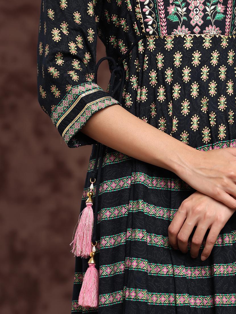 dark blue printed flared ethnic dress - 17948327 - Standard Image - 5