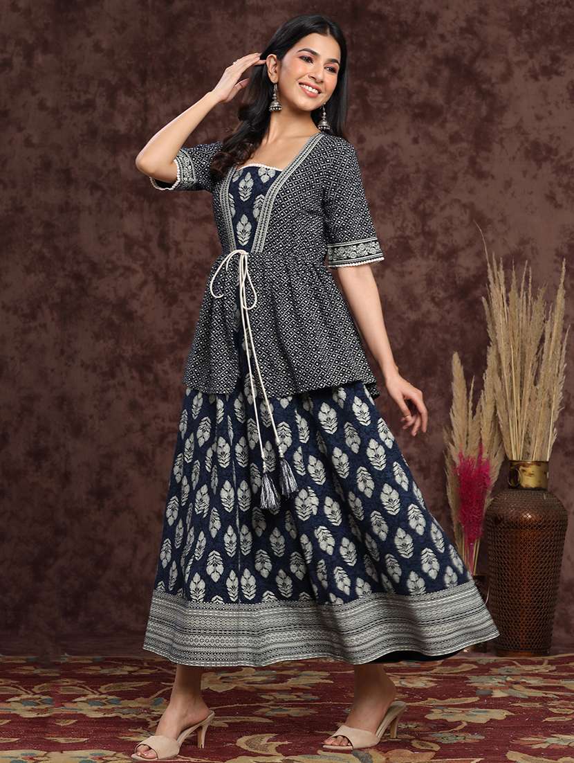 chinese dress ladies Neerus Floral Printed Layered Ethnic Midi Dress – Neerus India main image 1